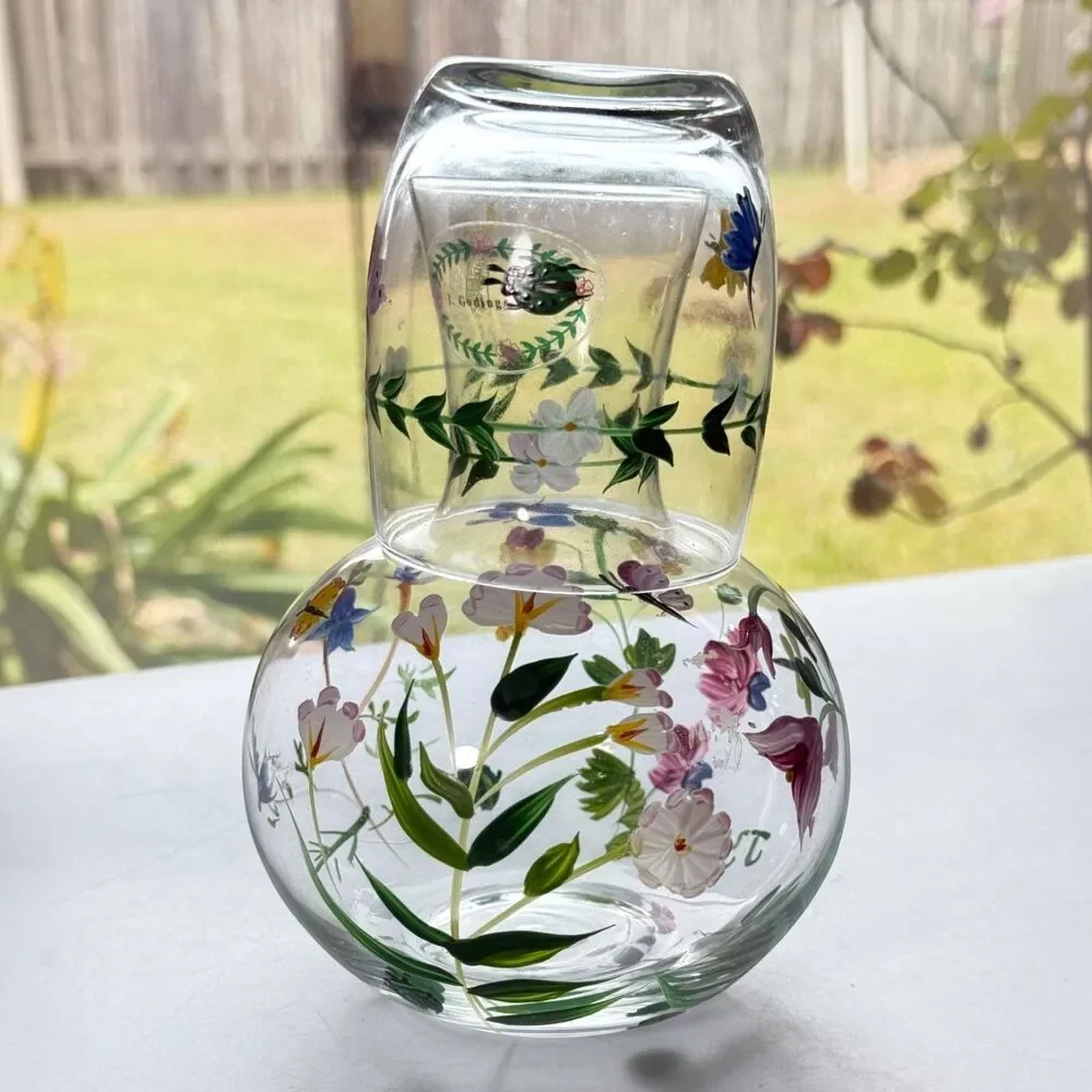 Vintage Hand Painted I.Godinger & Co Glass Tumble Up Floral & Insects Signed